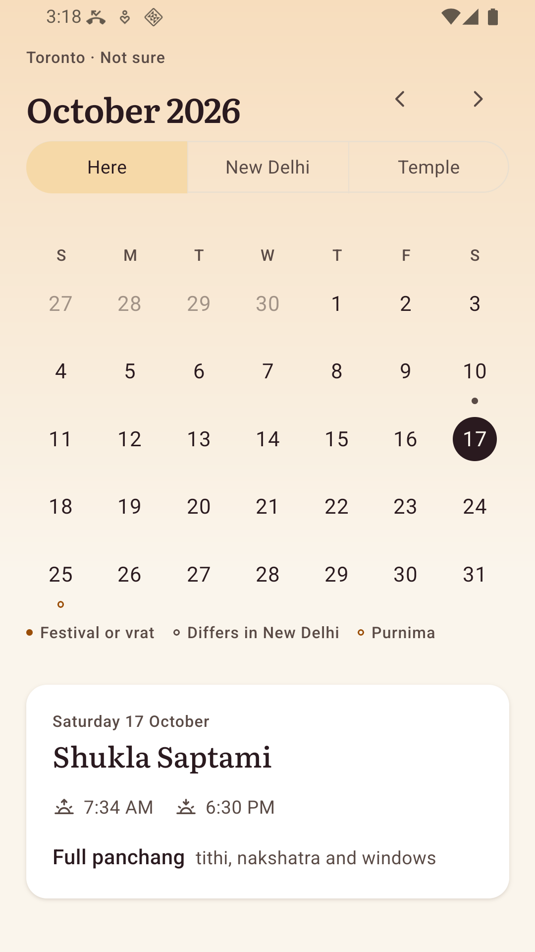 Nitya's calendar for October 2026 in Toronto, with a choice of Here, New Delhi or Temple, a marker for a date that differs in New Delhi, and the selected day's tithi with its sunrise and sunset.