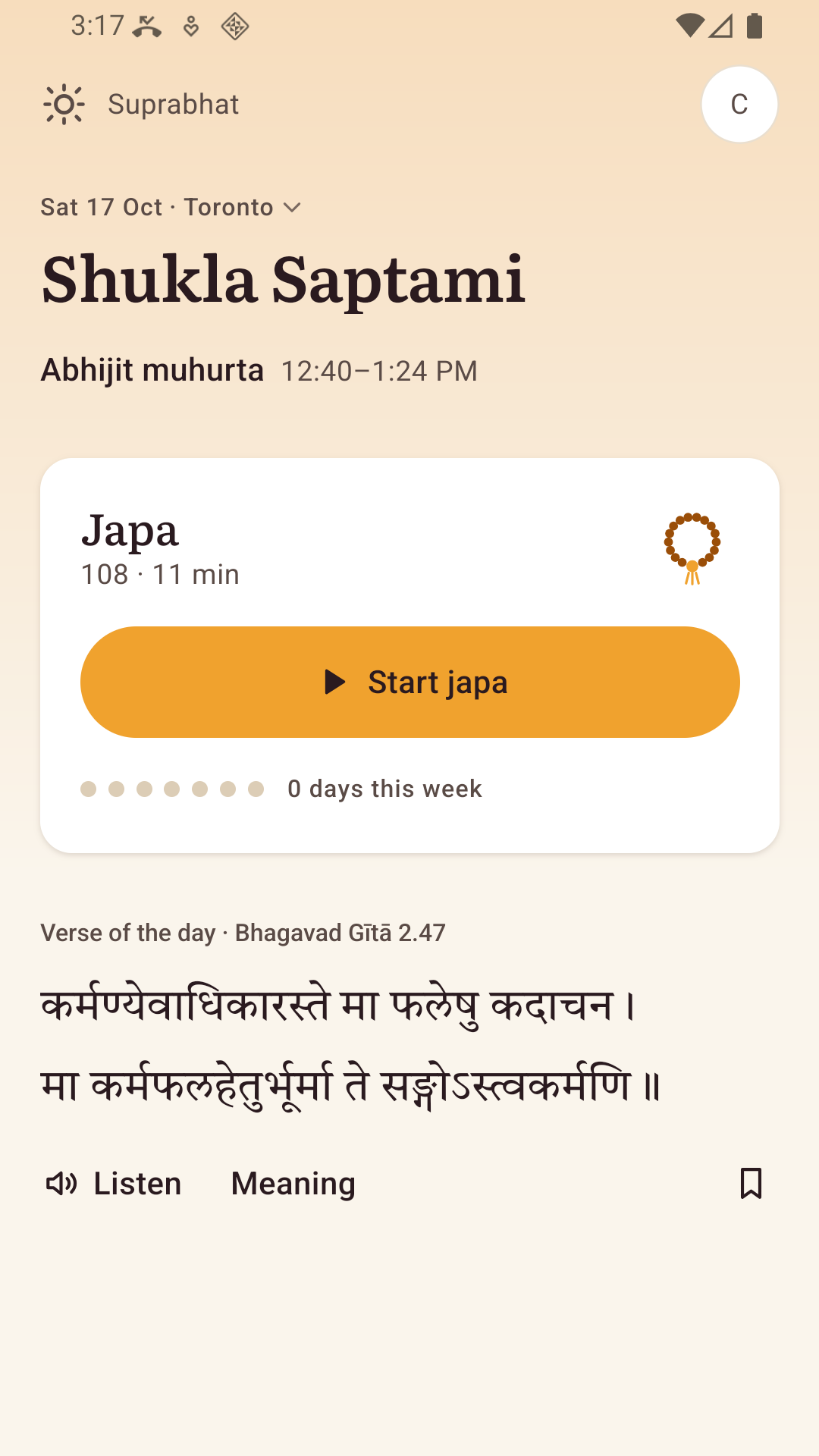Nitya's Today screen in Toronto: the tithi Shukla Saptami, the Abhijit muhurta window, a japa card with a Start japa button, and the verse of the day from the Bhagavad Gita.
